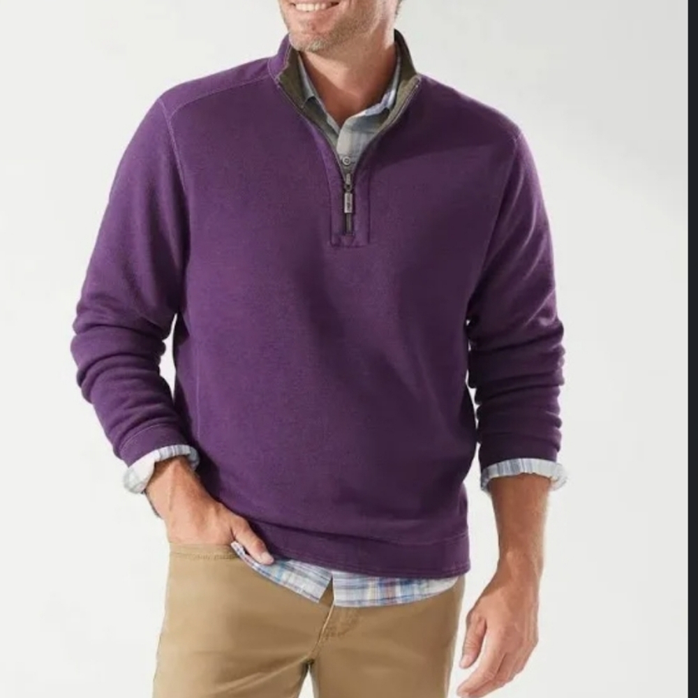 Tommy Bahama Reversible Flipshore Half Zip Pullover Sweater Grey/Purple Large